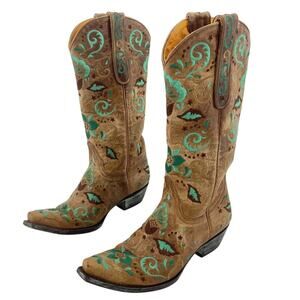 Old Gringo Tan/Green Leather Floral Embroidered Western Boots Women's Size 7